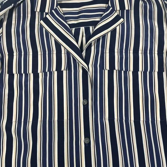 Lafayette 148 NY 100% Silk Blouse Navy Beige White Striped Long Sleeves W SZ M - Picture 4 of 8